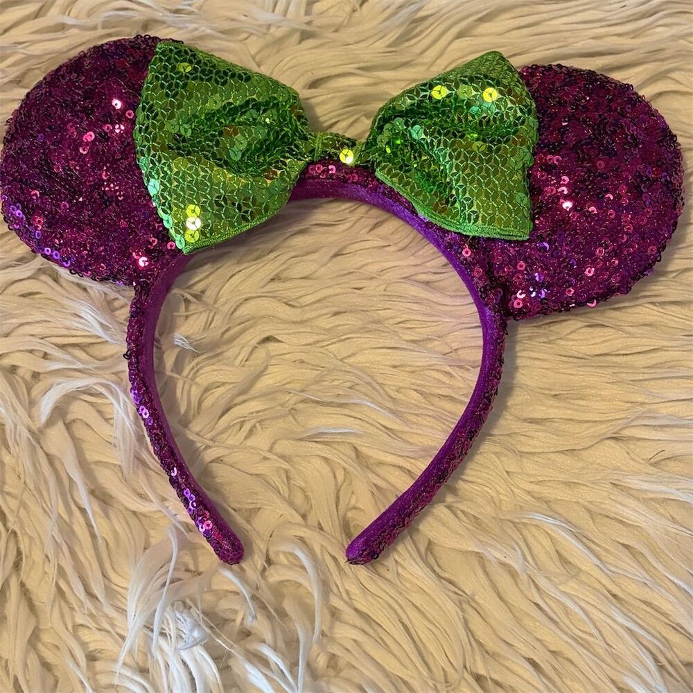 Disney Parks Purple Minnie Mouse Ears with Green Sequin Bow